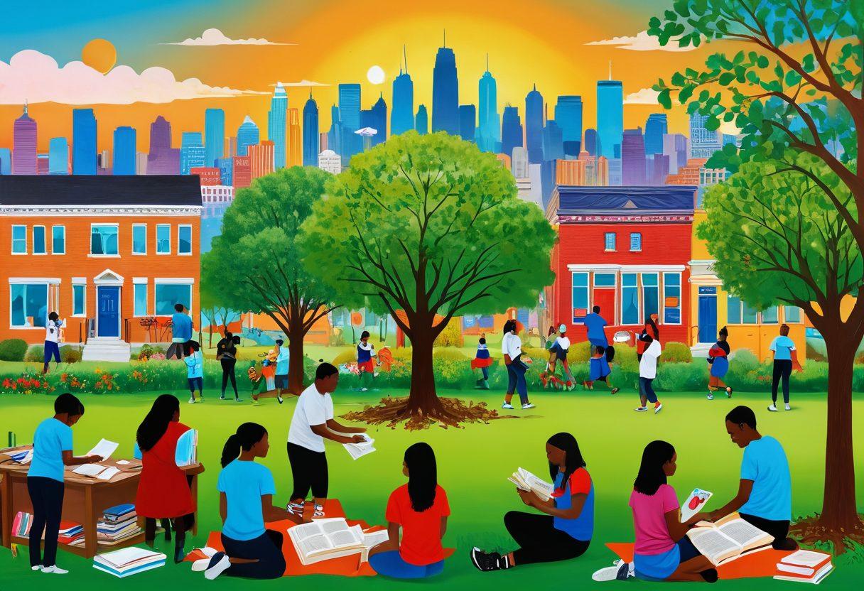 A vibrant scene depicting diverse volunteers actively engaging in various community service activities, surrounded by symbols of social impact like trees, children, and books. In the background, a city skyline shows progress and hope, embodying the transition from grassroots efforts to visionary nonprofit initiatives. Include a bright, uplifting color palette to evoke positivity and inspiration. super-realistic. vibrant colors.