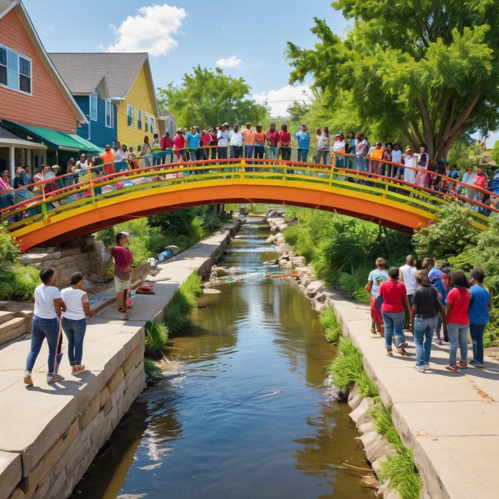 A diverse group of community members working together to build a colorful bridge over a river, symbolizing unity and collaboration. They are engaging in different tasks like painting and carrying materials, with smiles and determination on their faces. In the background, a thriving neighborhood showcases lush greenery and happy families. The whole scene captures the spirit of collective efforts enhancing local welfare. vibrant colors. super-realistic.