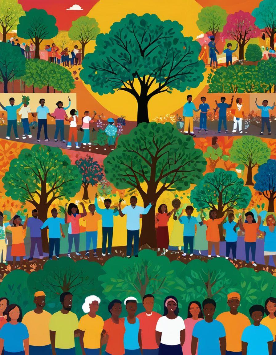 A vibrant, community-focused mural showcasing diverse people working together on various grassroots initiatives such as planting trees, organizing food drives, and promoting education. The scene radiates positivity, with smiling faces and colorful elements symbolizing unity and collaboration. In the background, images of community gatherings and local leaders supporting one another. bright colors. vector art. uplifting atmosphere.